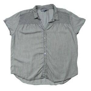 Hester & Orchard Gray 100% Tencel Short Sleeve Button Blouse Crochet Yoke Sz XL